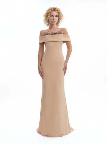 Gemy Maalouf Floral Beaded Off-Shoulder Gown Tan
