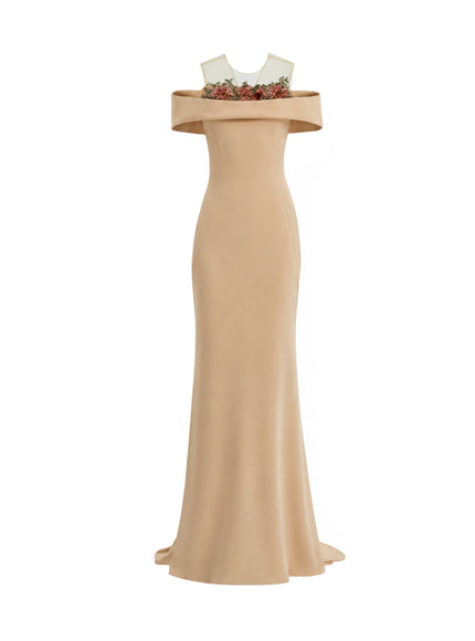 Gemy Maalouf Floral Beaded Off-Shoulder Gown