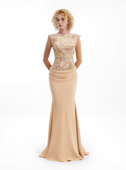 Gemy Maalouf Embroidered Fitted Gown Beige
