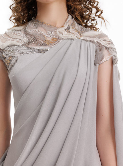 Gemy Maalouf Embroidered Draped Gown With Cape Sleeve