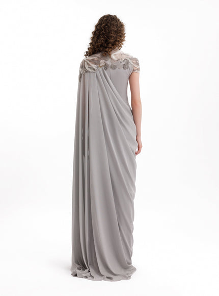 Gemy Maalouf Embroidered Draped Gown With Cape Sleeve