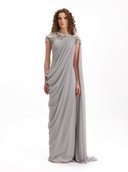 Gemy Maalouf Embroidered Draped Gown With Cape Sleeve Grey