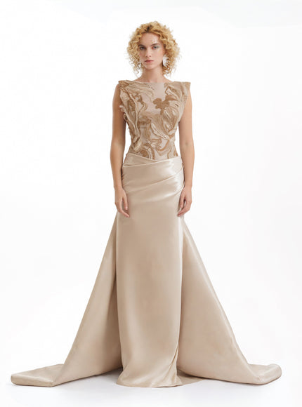 Gemy Maalouf Embroidered Gown With Draped Waist Gold