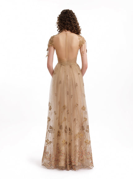 Gemy Maalouf V-Neck Embroidered Tulle Gown