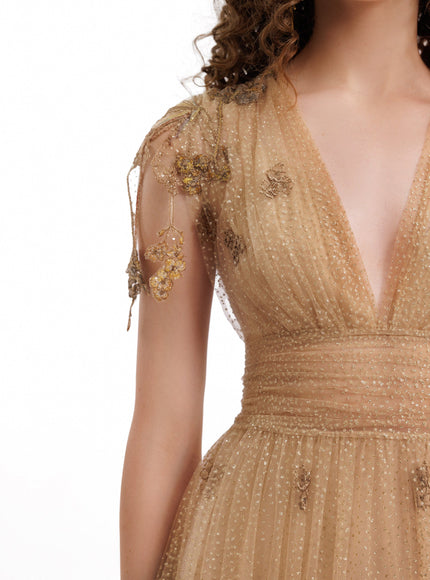 Gemy Maalouf V-Neck Embroidered Tulle Gown