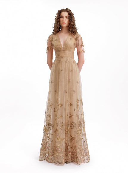 Gemy Maalouf V-Neck Embroidered Tulle Gown Beige