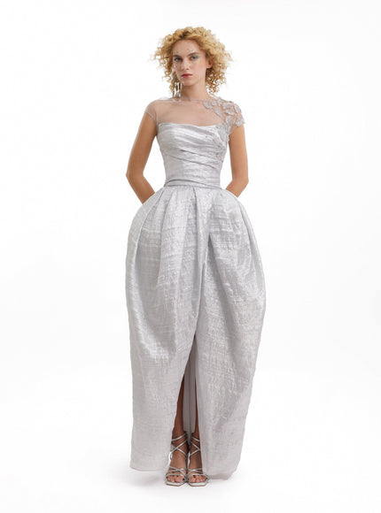 Gemy Maalouf Strapless Beaded Draped Gown Silver