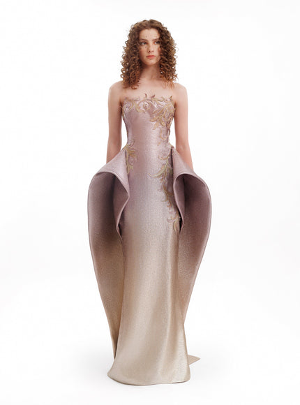 Gemy Maalouf Strapless Ombré Embroidered Gown Pink