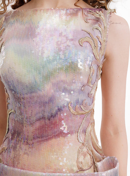 Gemy Maalouf Sequin Bateau Gown With Sheer Sides