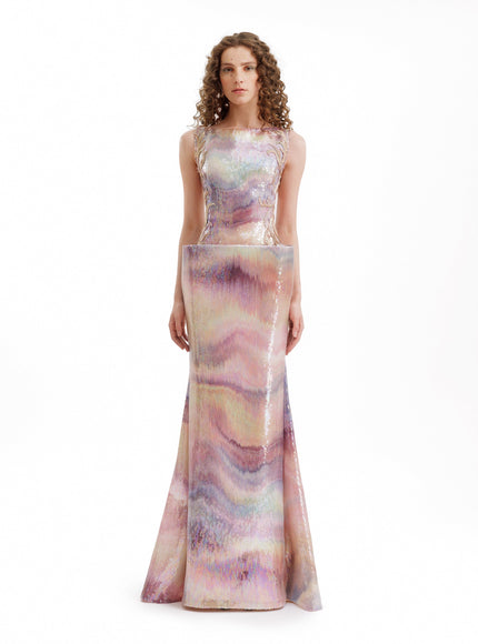 Gemy Maalouf Sequin Bateau Gown With Sheer Sides Pink