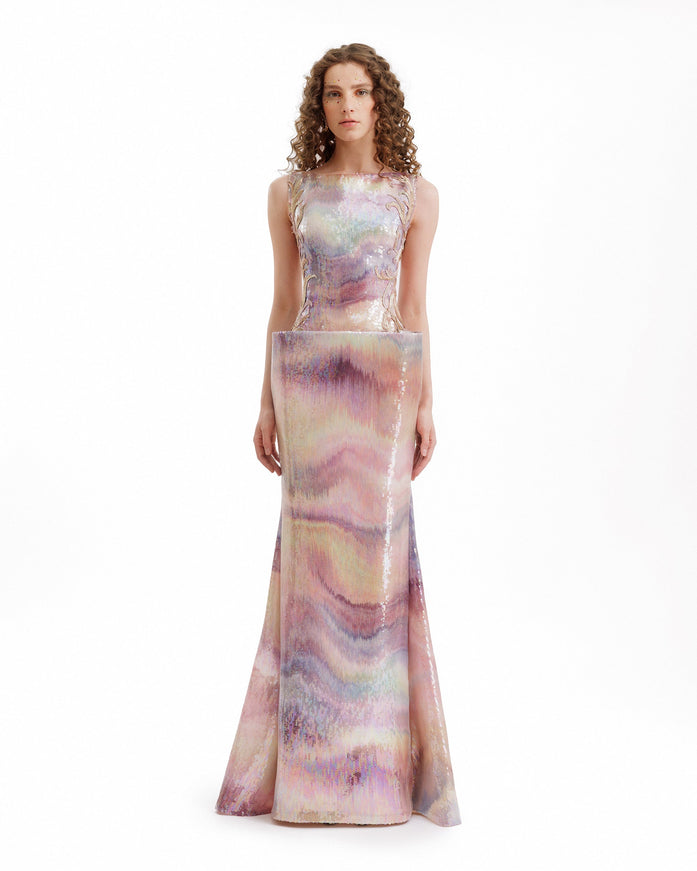 Gemy Maalouf Sequin Bateau Gown With Sheer Sides Pink