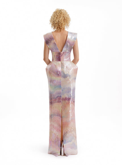 Gemy Maalouf V-Neck Sequin Gown With Beaded Waist