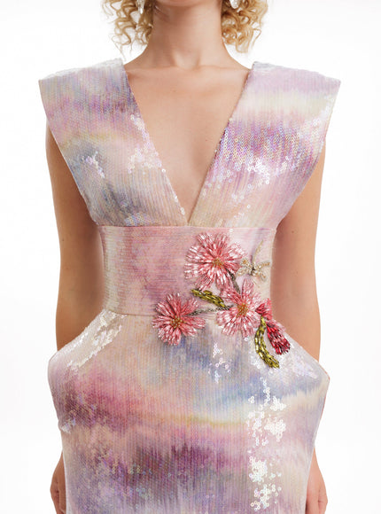 Gemy Maalouf V-Neck Sequin Gown With Beaded Waist