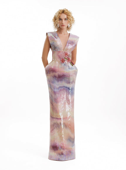 Gemy Maalouf V-Neck Sequin Gown With Beaded Waist Pink