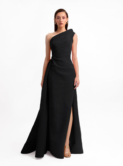 Gemy Maalouf One-Shoulder Draped Waistline Gown in Black, front view