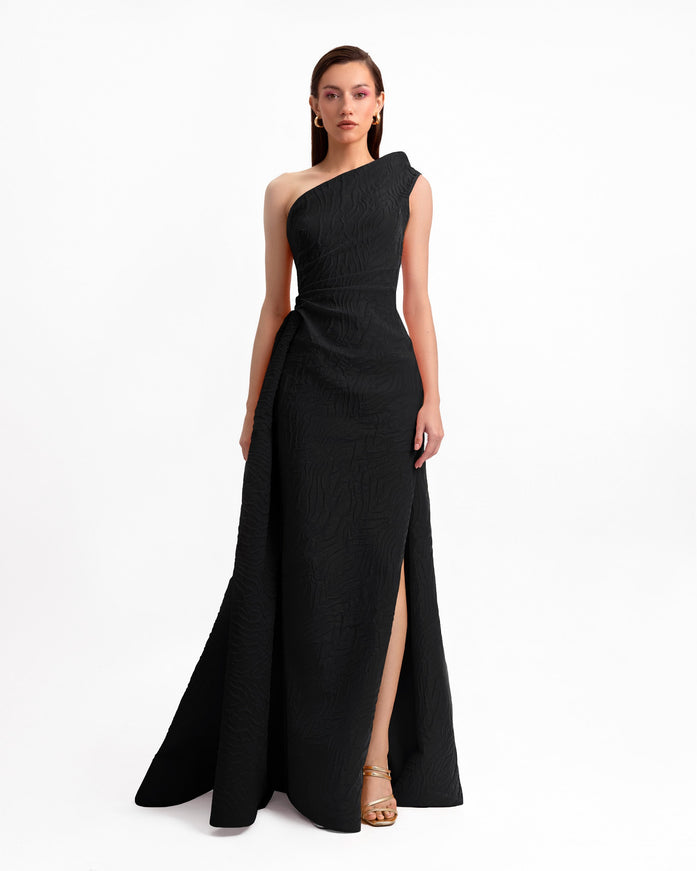 Gemy Maalouf One-Shoulder Draped Waistline Gown Black
