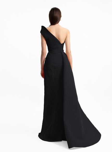 Gemy Maalouf One-Shoulder Draped Waistline Gown in Black, back view