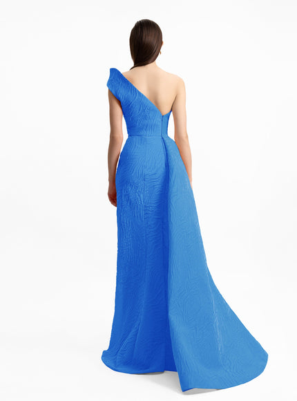 Gemy Maalouf One-Shoulder Draped Waistline Gown in Blue, back view