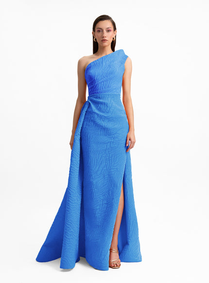 Gemy Maalouf One-Shoulder Draped Waistline Gown in Blue, front view