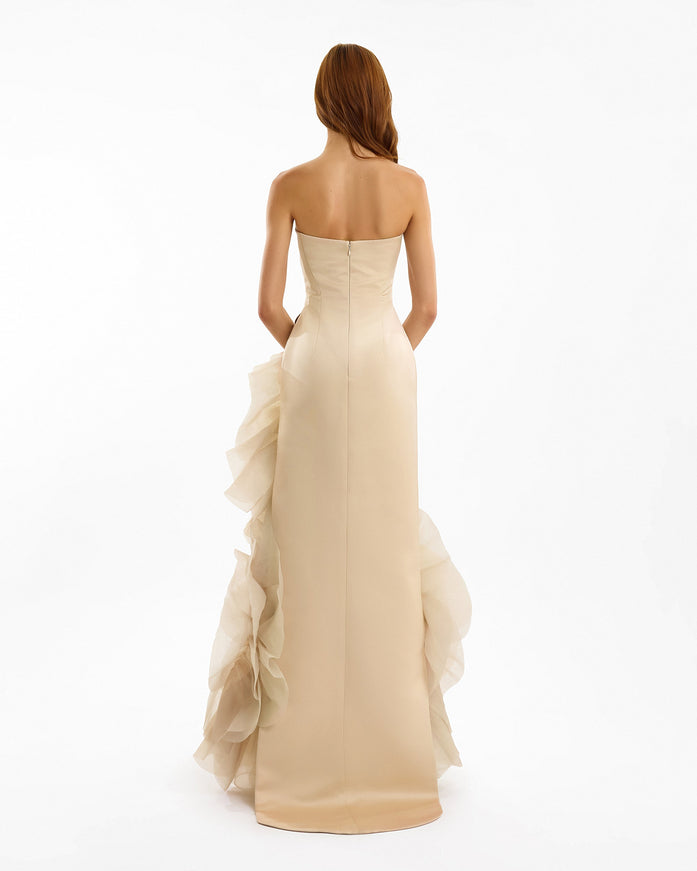 Gemy Maalouf Fitted Scoop-Neck Gown With Sculpted Flowers Beige