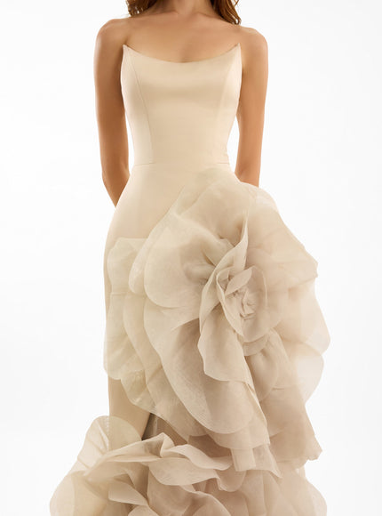 Gemy Maalouf Fitted Scoop-Neck Gown With Sculpted Flowers Beige