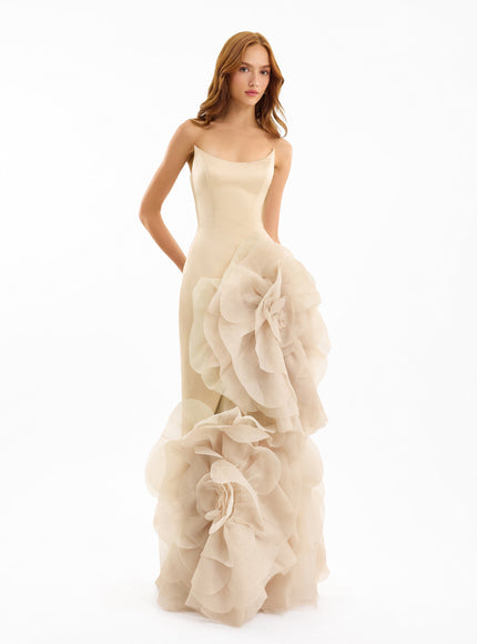 Gemy Maalouf Fitted Scoop-Neck Gown With Sculpted Flowers Beige