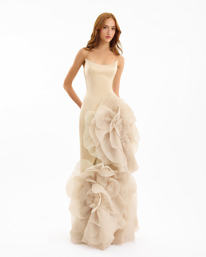 Gemy Maalouf Fitted Scoop-Neck Gown With Sculpted Flowers Beige