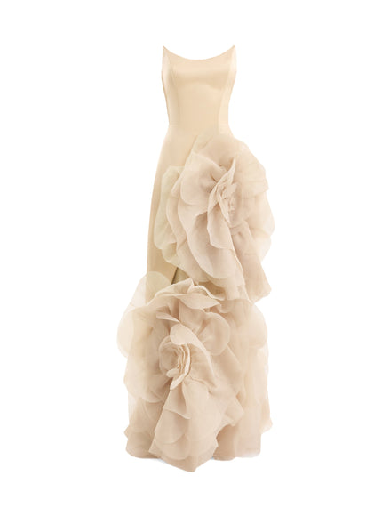 Gemy Maalouf Fitted Scoop-Neck Gown With Sculpted Flowers Beige