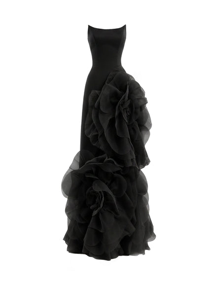 Gemy Maalouf Fitted Scoop-Neck Gown With Sculpted Flowers Black