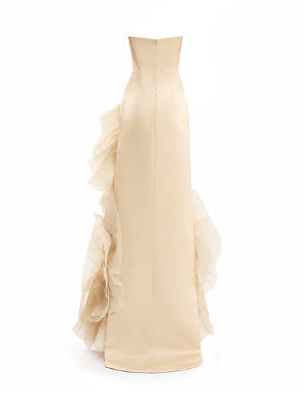 Gemy Maalouf Fitted Scoop-Neck Gown With Sculpted Flowers Beige