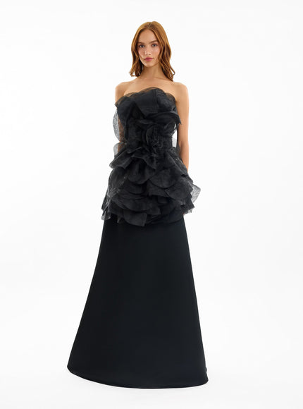 Gemy Maalouf Strapless Organza Flower Gown Black