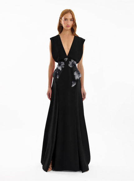 Gemy Maalouf V-Neck Beaded Gown Black