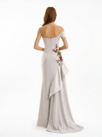 Gemy Maalouf Asymmetrical Off-Shoulder Embroidered Gown