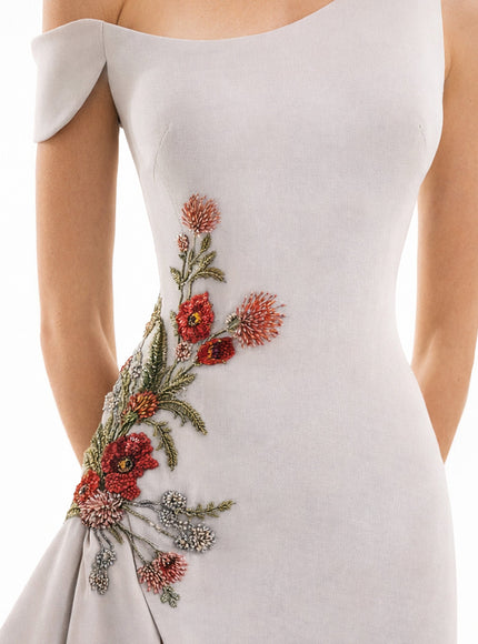 Gemy Maalouf Asymmetrical Off-Shoulder Embroidered Gown