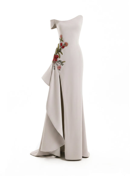 Gemy Maalouf Asymmetrical Off-Shoulder Embroidered Gown
