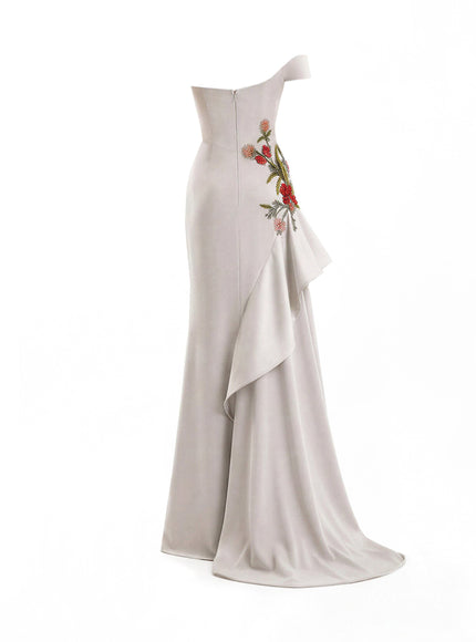 Gemy Maalouf Asymmetrical Off-Shoulder Embroidered Gown