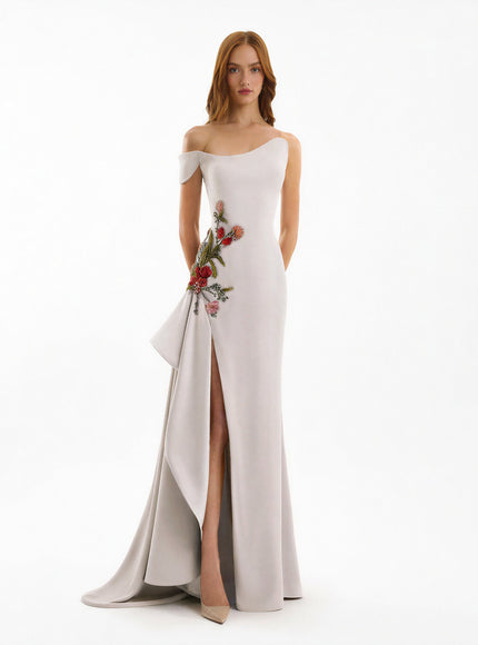 Gemy Maalouf Asymmetrical Off-Shoulder Embroidered Gown Greige