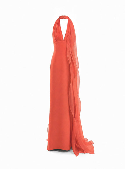 Gemy Maalouf Draped Halter Gown With Organza Panels