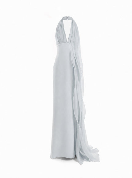 Gemy Maalouf Draped Halter Gown With Organza Panels