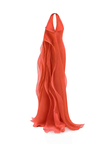 Gemy Maalouf Draped Halter Gown With Organza Panels