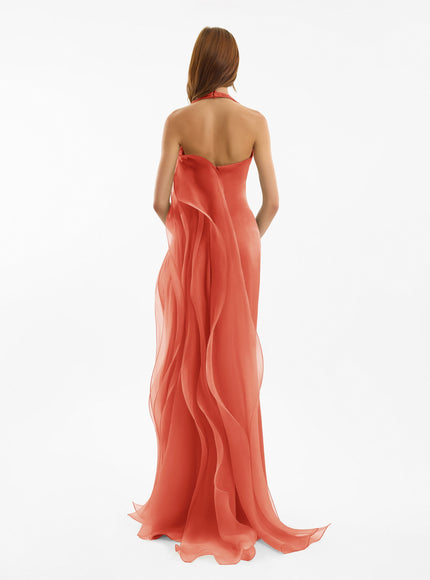 Gemy Maalouf Draped Halter Gown With Organza Panels