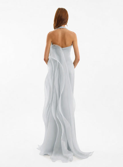 Gemy Maalouf Draped Halter Gown With Organza Panels