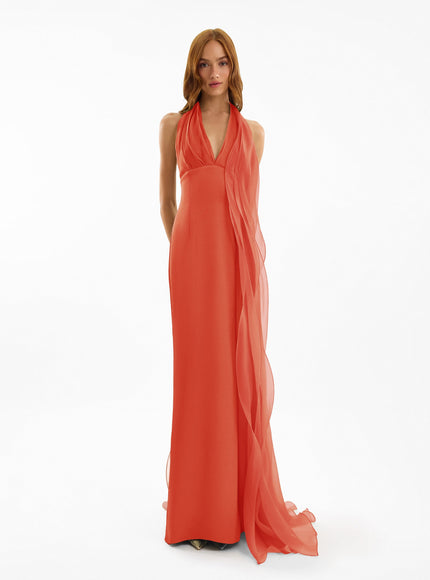 Gemy Maalouf Draped Halter Gown With Organza Panels Coral