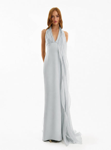 Gemy Maalouf Draped Halter Gown With Organza Panels Grey