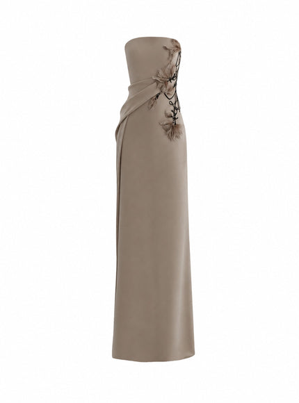 Gemy Maalouf Strapless Draped Gown With Beaded Floral Detail
