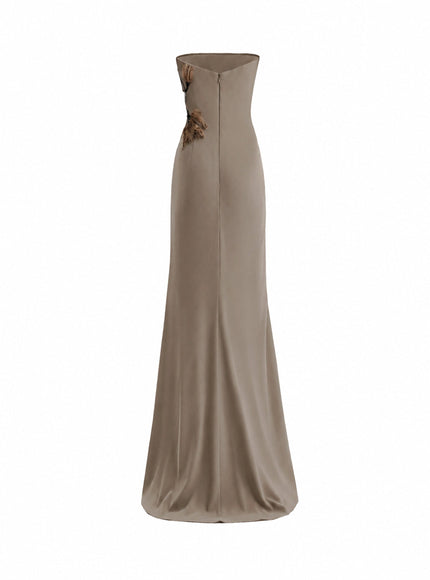 Gemy Maalouf Strapless Draped Gown With Beaded Floral Detail