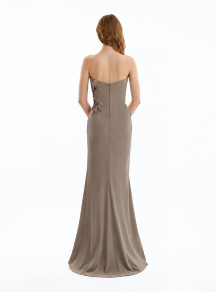 Gemy Maalouf Strapless Draped Gown With Beaded Floral Detail