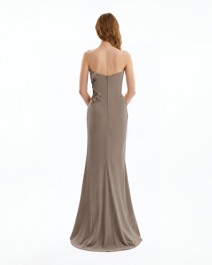 Gemy Maalouf Strapless Draped Gown With Beaded Floral Detail