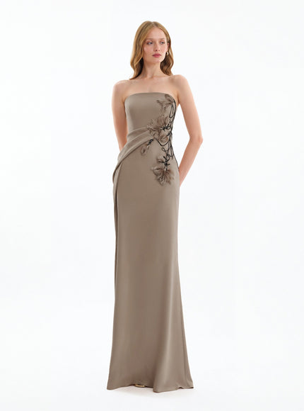 Gemy Maalouf Strapless Draped Gown With Beaded Floral Detail