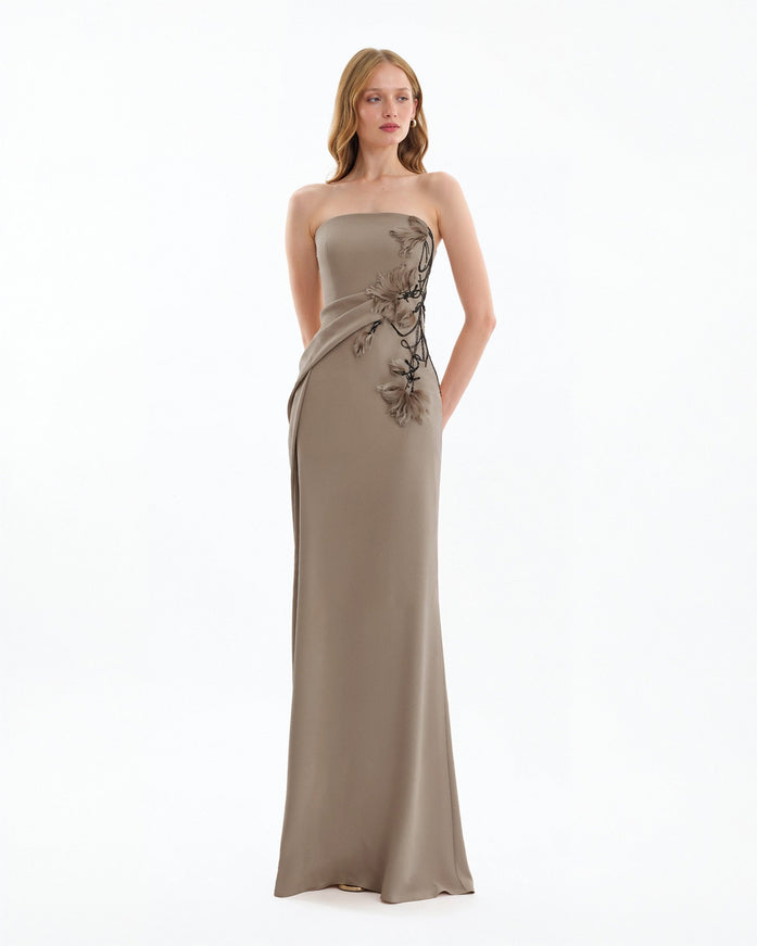 Gemy Maalouf Strapless Draped Gown With Beaded Floral Detail